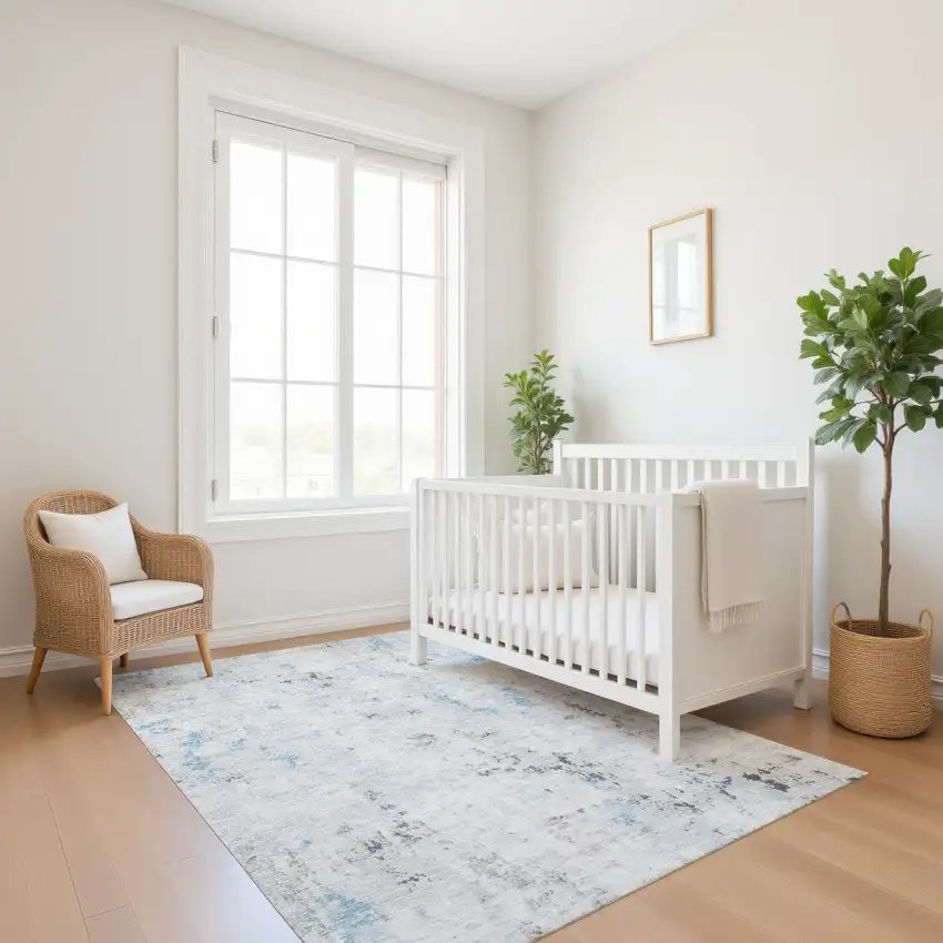 Sky Blue Ivory And Gray Abstract Washable Area Rug With UV Protection Photo 3