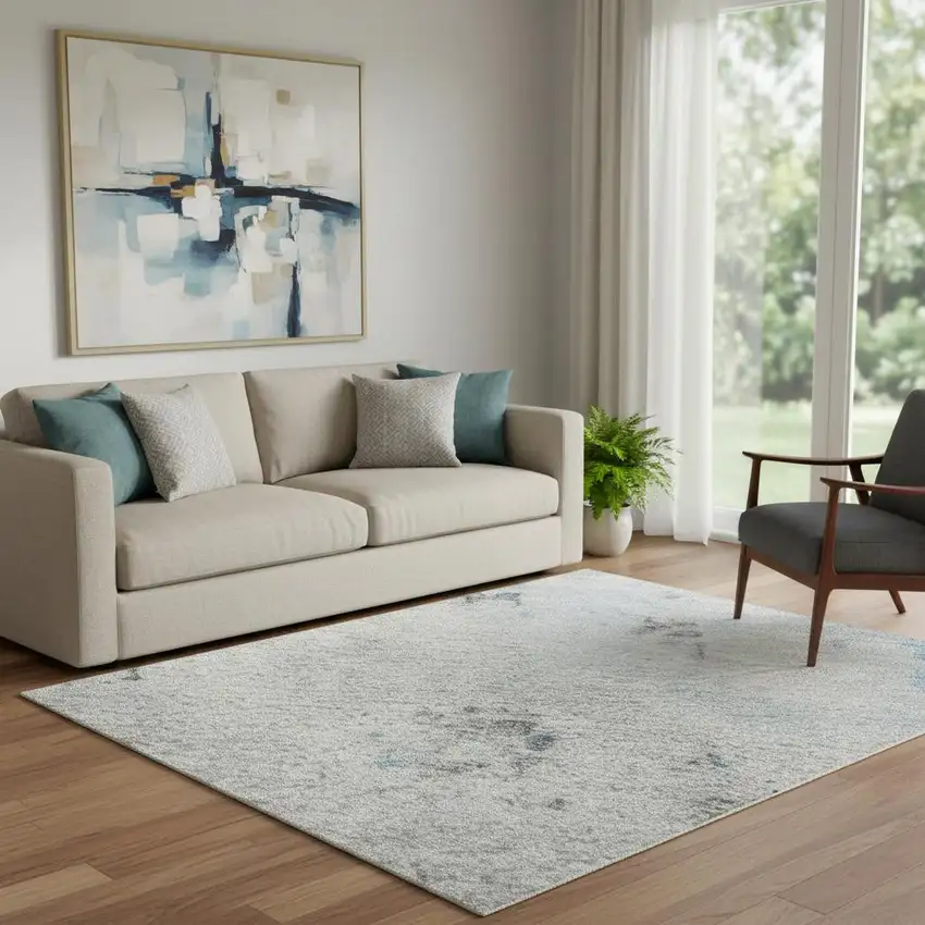 Sky Blue Ivory And Gray Abstract Washable Area Rug With UV Protection Photo 2