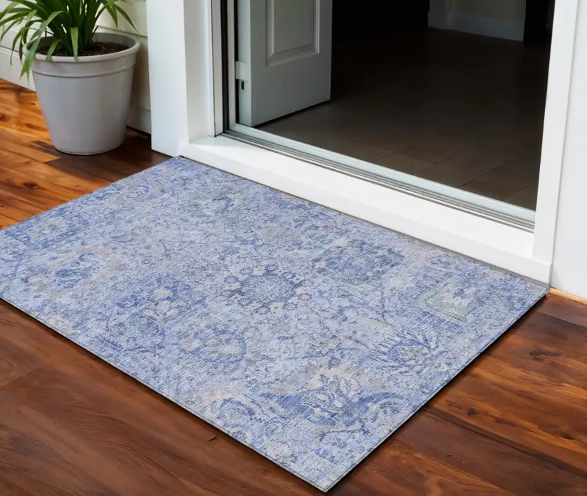 Sky Blue Ivory And Gray Damask Washable Indoor Outdoor Area Rug Photo 1