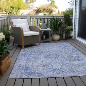 Photo of Sky Blue Ivory And Gray Damask Washable Indoor Outdoor Area Rug