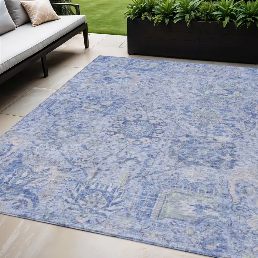 Sky Blue Ivory And Gray Damask Washable Indoor Outdoor Area Rug Photo 1