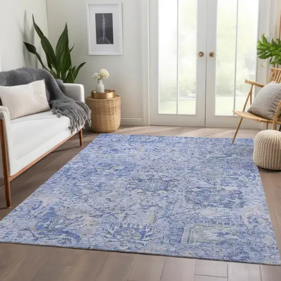 Sky Blue Ivory And Gray Damask Washable Indoor Outdoor Area Rug Photo 9