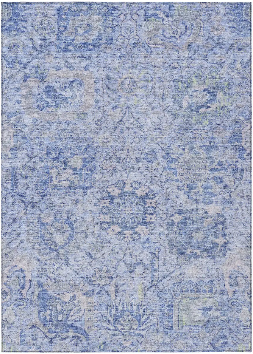 Sky Blue Ivory And Gray Damask Washable Indoor Outdoor Area Rug Photo 2