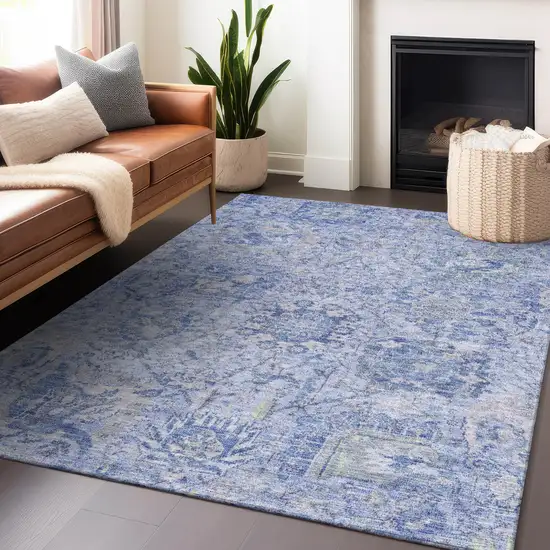 Sky Blue Ivory And Gray Damask Washable Indoor Outdoor Area Rug Photo 8