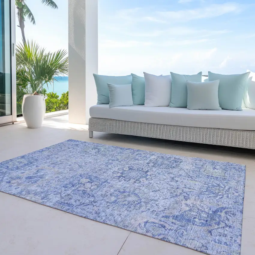 Sky Blue Ivory And Gray Damask Washable Indoor Outdoor Area Rug Photo 7