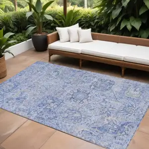 Photo of Sky Blue Ivory And Gray Damask Washable Indoor Outdoor Area Rug