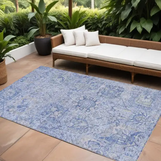 Sky Blue Ivory And Gray Damask Washable Indoor Outdoor Area Rug Photo 1
