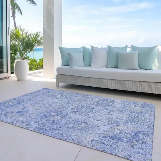 Sky Blue Ivory And Gray Damask Washable Indoor Outdoor Area Rug Photo 7
