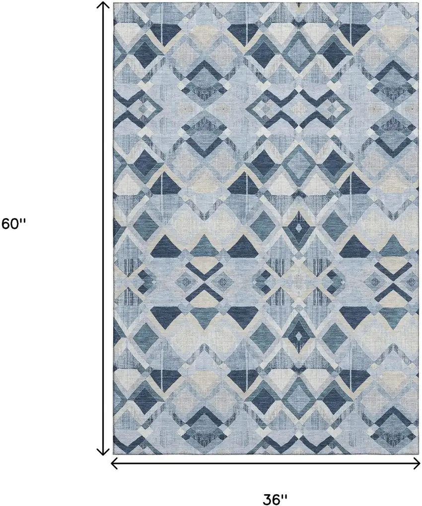 Sky Blue Ivory And Gray Geometric Washable Area Rug With UV Protection Photo 3