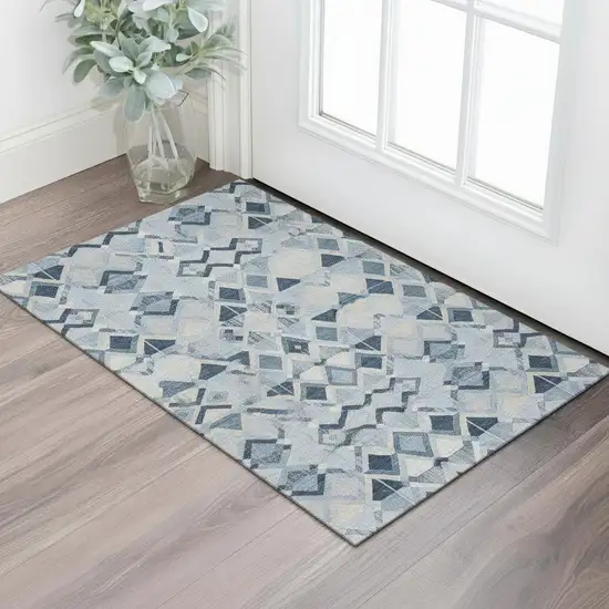 Sky Blue Ivory And Gray Geometric Washable Area Rug With UV Protection Photo 2