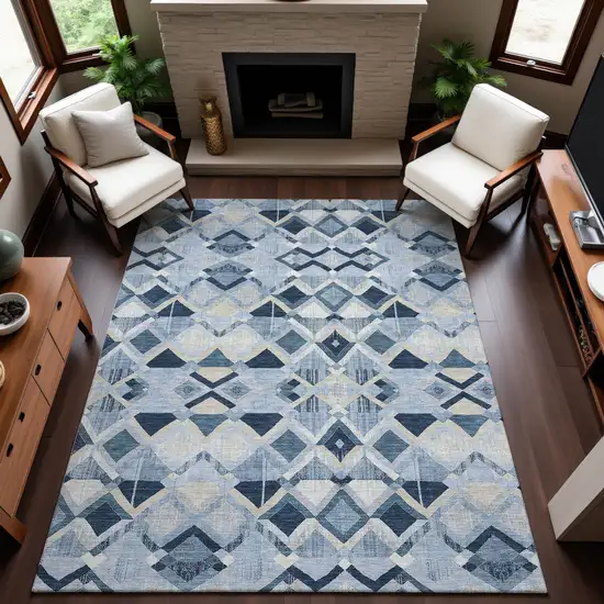 Sky Blue Ivory And Gray Geometric Washable Area Rug With UV Protection Photo 4