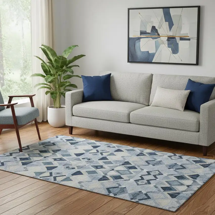 Sky Blue Ivory And Gray Geometric Washable Area Rug With UV Protection Photo 2