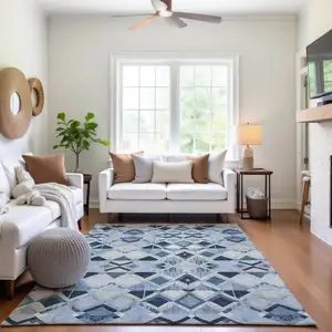 Photo of Sky Blue Ivory And Gray Geometric Washable Area Rug With UV Protection
