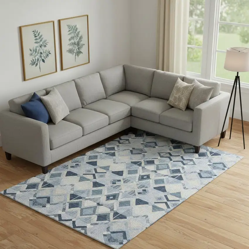 Sky Blue Ivory And Gray Geometric Washable Area Rug With UV Protection Photo 2