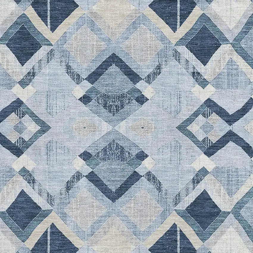 Sky Blue Ivory And Gray Geometric Washable Area Rug With UV Protection Photo 2