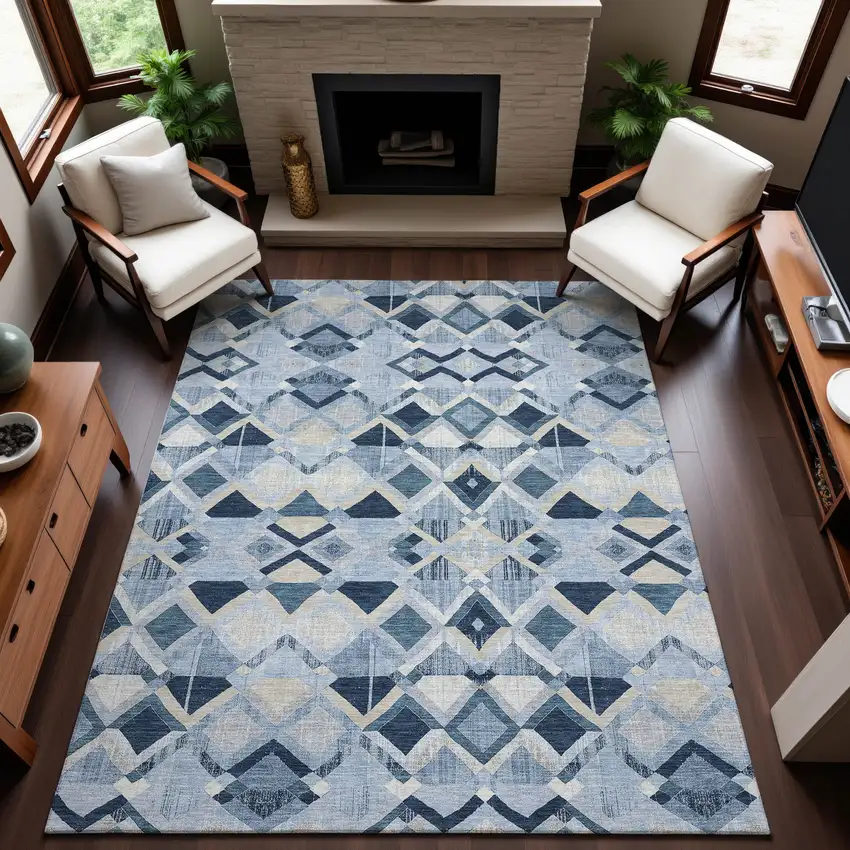 Sky Blue Ivory And Gray Geometric Washable Area Rug With UV Protection Photo 4