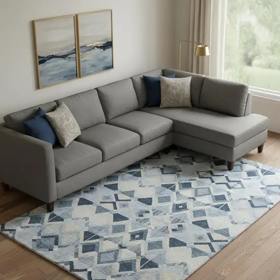 Sky Blue Ivory And Gray Geometric Washable Area Rug With UV Protection Photo 2