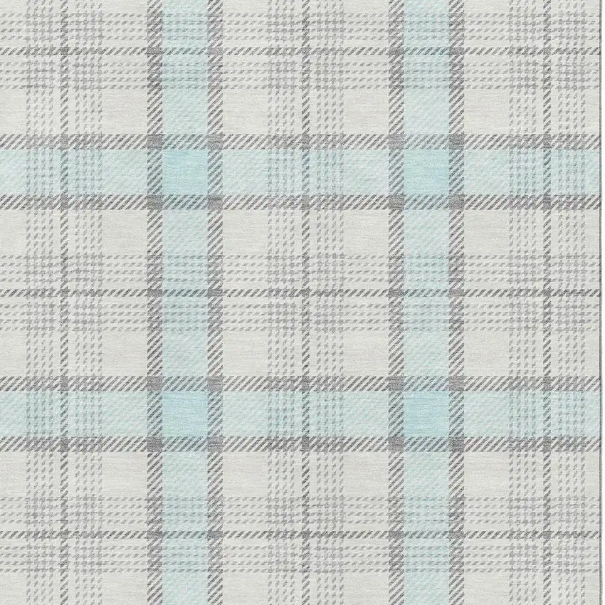 Sky Blue Ivory And Gray Plaid Washable Area Rug With UV Protection Photo 2