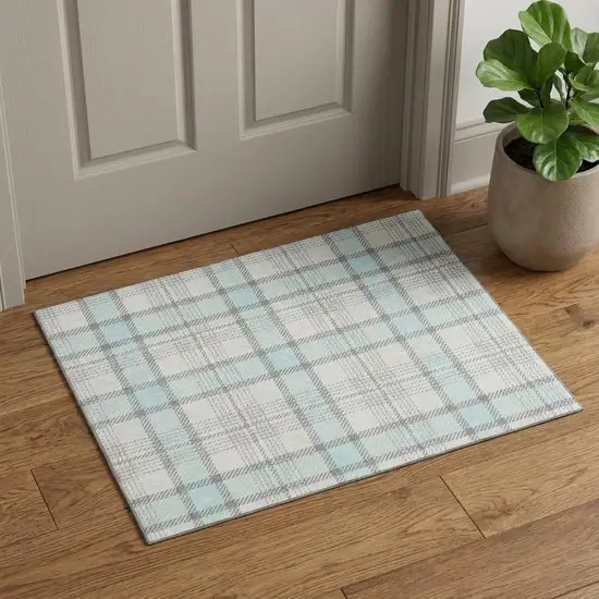 Sky Blue Ivory And Gray Plaid Washable Area Rug With UV Protection Photo 1
