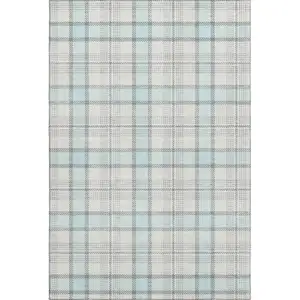 Photo of Sky Blue Ivory And Gray Plaid Washable Area Rug With UV Protection