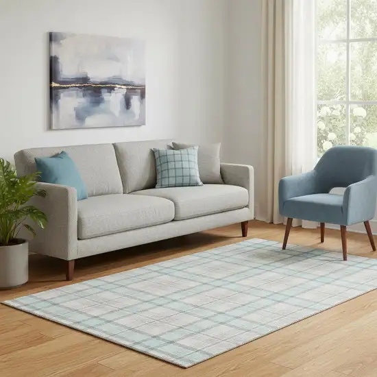 Sky Blue Ivory And Gray Plaid Washable Area Rug With UV Protection Photo 2