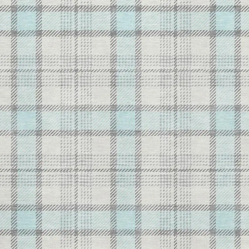 Sky Blue Ivory And Gray Plaid Washable Area Rug With UV Protection Photo 2