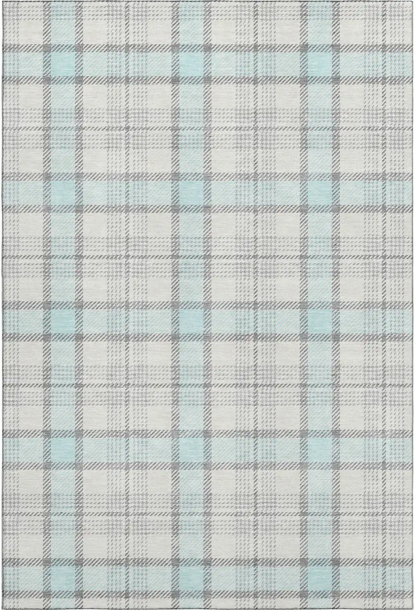 Sky Blue Ivory And Gray Plaid Washable Area Rug With UV Protection Photo 1