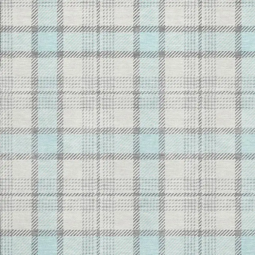 Sky Blue Ivory And Gray Plaid Washable Area Rug With UV Protection Photo 2