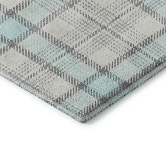 Sky Blue Ivory And Gray Plaid Washable Area Rug With UV Protection Photo 7