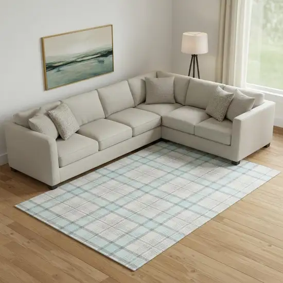 Sky Blue Ivory And Gray Plaid Washable Area Rug With UV Protection Photo 2