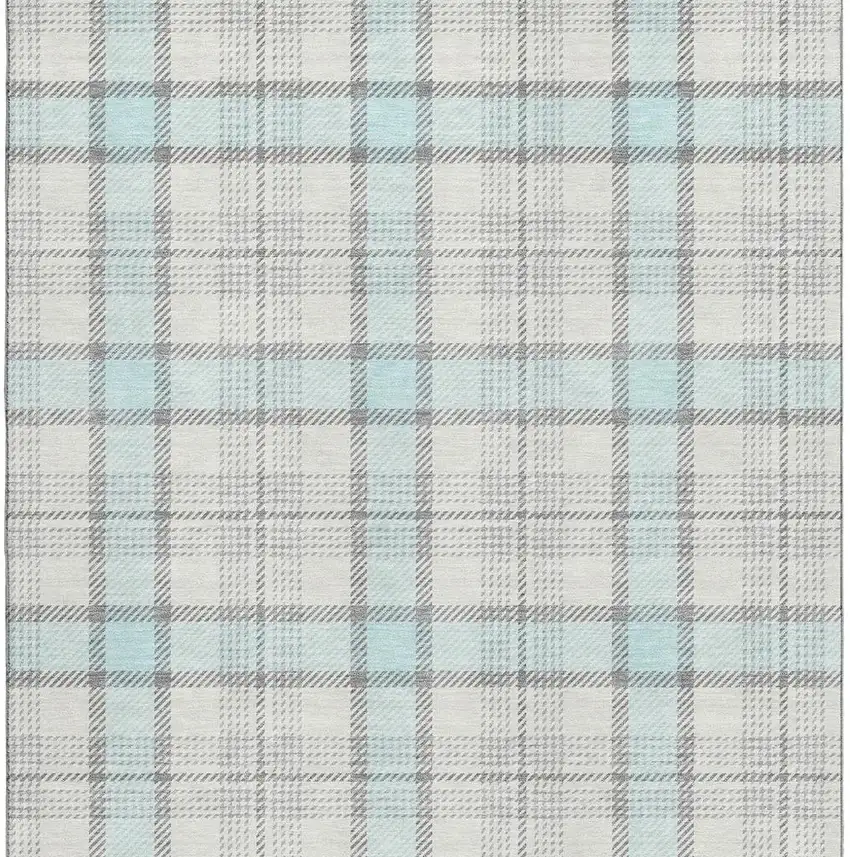 Sky Blue Ivory And Gray Plaid Washable Area Rug With UV Protection Photo 2