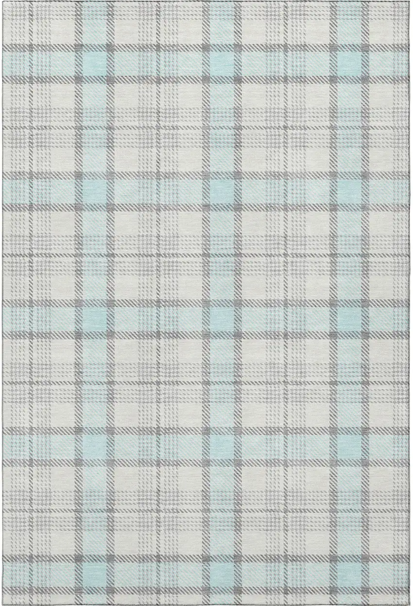 Sky Blue Ivory And Gray Plaid Washable Area Rug With UV Protection Photo 3