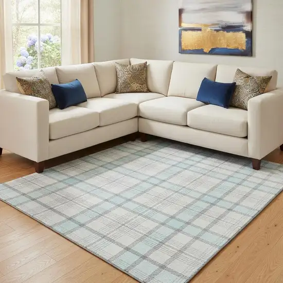 Sky Blue Ivory And Gray Plaid Washable Area Rug With UV Protection Photo 2