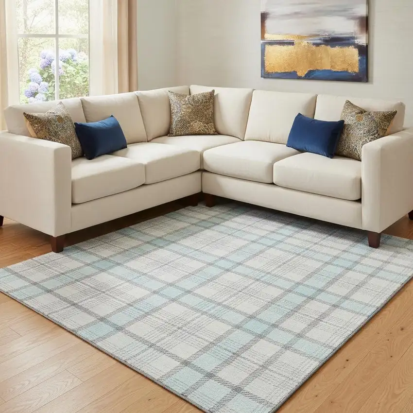 Sky Blue Ivory And Gray Plaid Washable Area Rug With UV Protection Photo 2