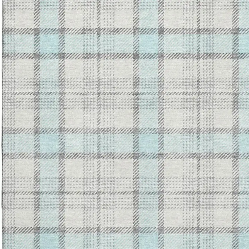 Sky Blue Ivory And Gray Plaid Washable Area Rug With UV Protection Photo 2
