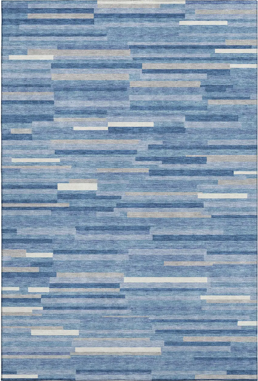 Sky Blue Ivory And Gray Striped Washable Area Rug With UV Protection Photo 1