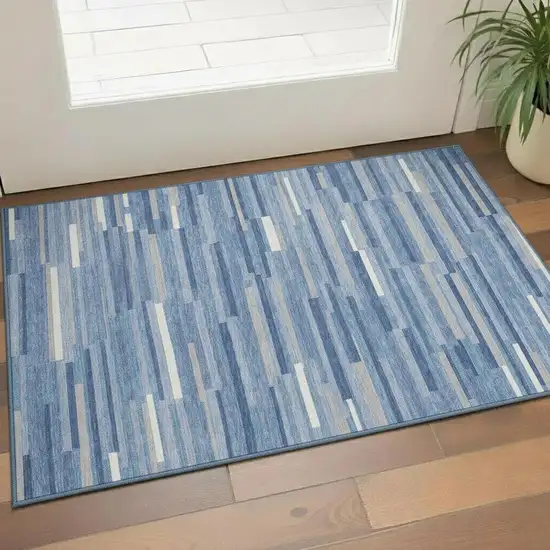 Sky Blue Ivory And Gray Striped Washable Area Rug With UV Protection Photo 1