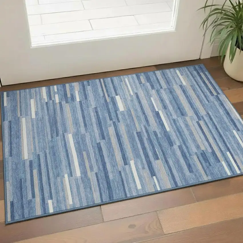 Sky Blue Ivory And Gray Striped Washable Area Rug With UV Protection Photo 1