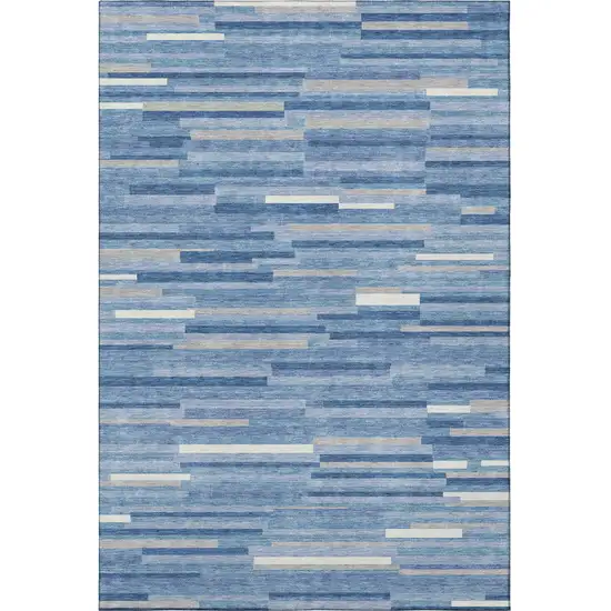 Sky Blue Ivory And Gray Striped Washable Area Rug With UV Protection Photo 3