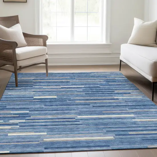 Sky Blue Ivory And Gray Striped Washable Area Rug With UV Protection Photo 5