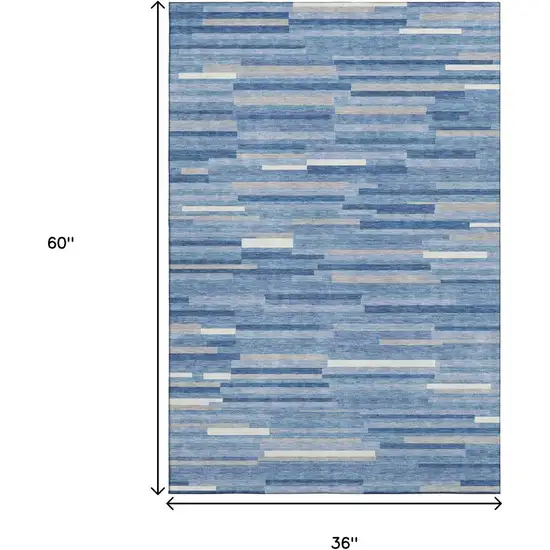 Sky Blue Ivory And Gray Striped Washable Area Rug With UV Protection Photo 3