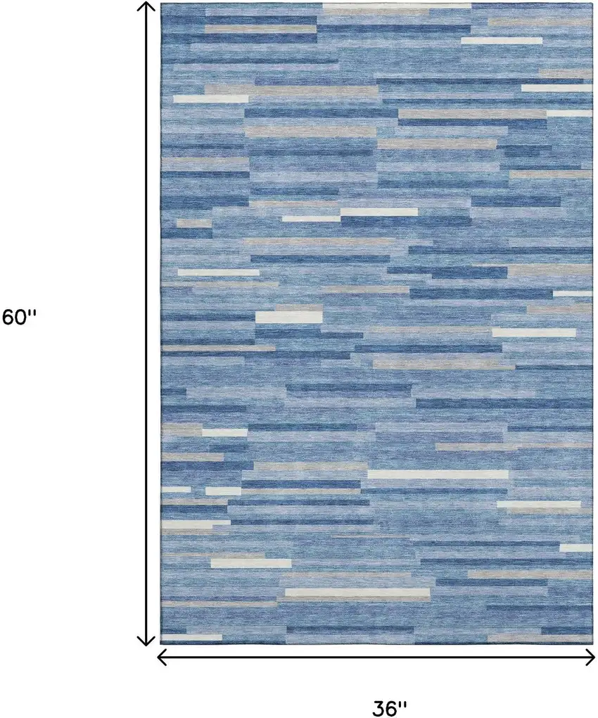 Sky Blue Ivory And Gray Striped Washable Area Rug With UV Protection Photo 3