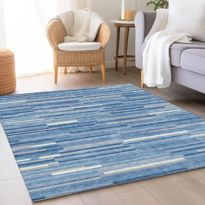 Sky Blue Ivory And Gray Striped Washable Area Rug With UV Protection Photo 4