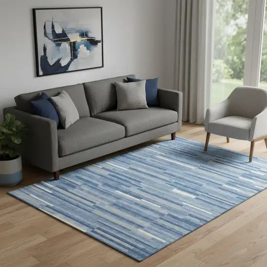 Sky Blue Ivory And Gray Striped Washable Area Rug With UV Protection Photo 1