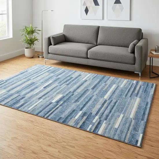 Sky Blue Ivory And Gray Striped Washable Area Rug With UV Protection Photo 2