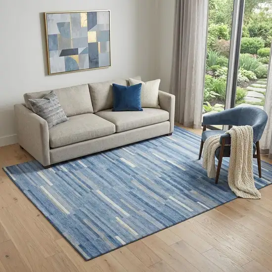 Sky Blue Ivory And Gray Striped Washable Area Rug With UV Protection Photo 1
