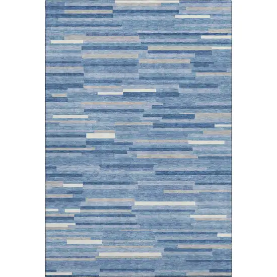 Sky Blue Ivory And Gray Striped Washable Area Rug With UV Protection Photo 1