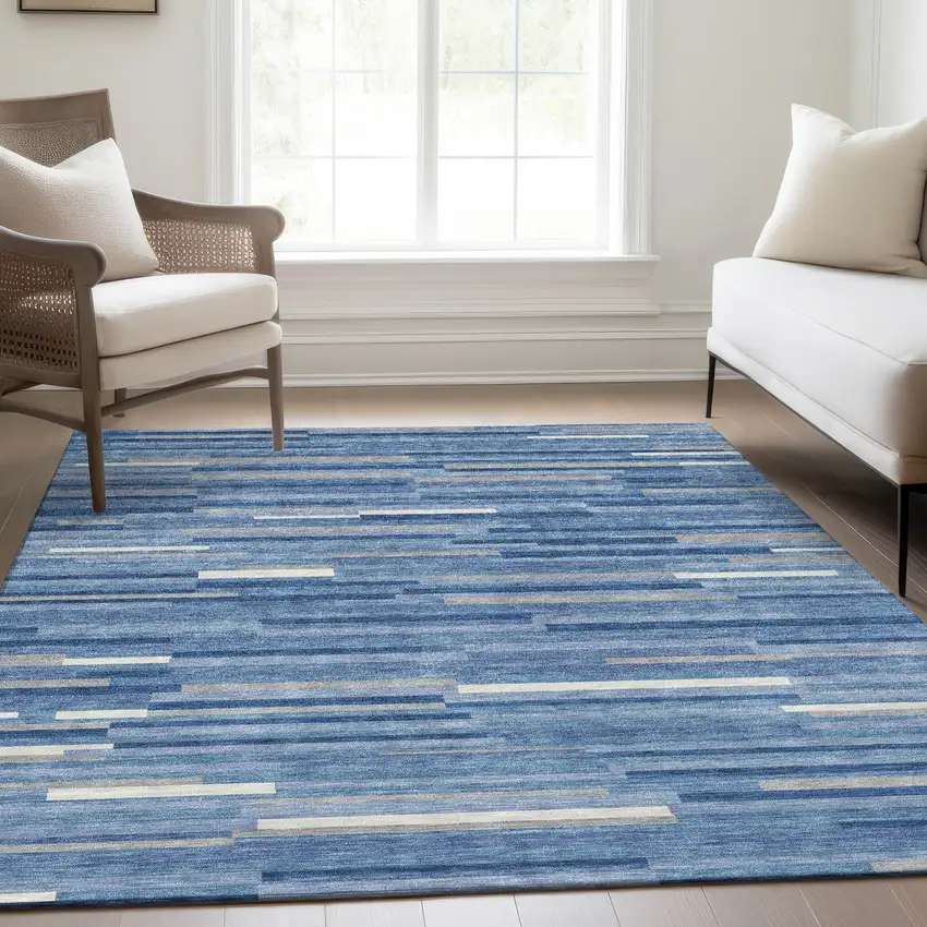 Sky Blue Ivory And Gray Striped Washable Area Rug With UV Protection Photo 6