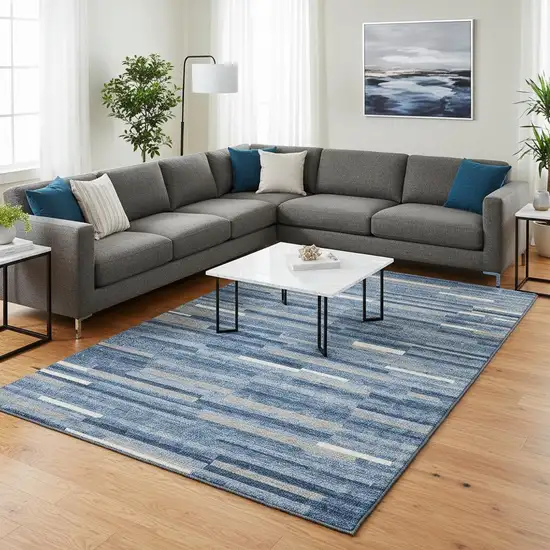 Sky Blue Ivory And Gray Striped Washable Area Rug With UV Protection Photo 2