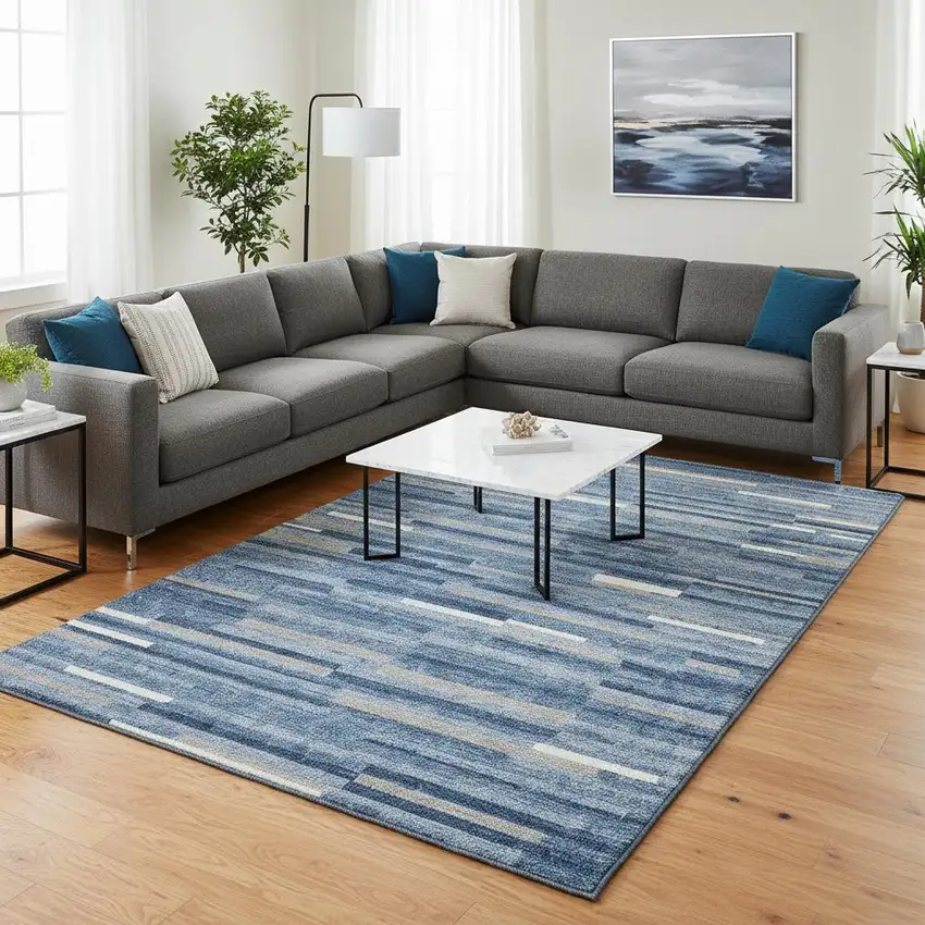 Sky Blue Ivory And Gray Striped Washable Area Rug With UV Protection Photo 2